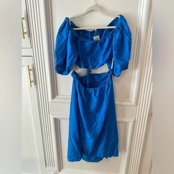 FARM Rio Blue Off-Shoulder Linen Midi Knot Dress Cutout Size L NWT - Picture 11 of 11